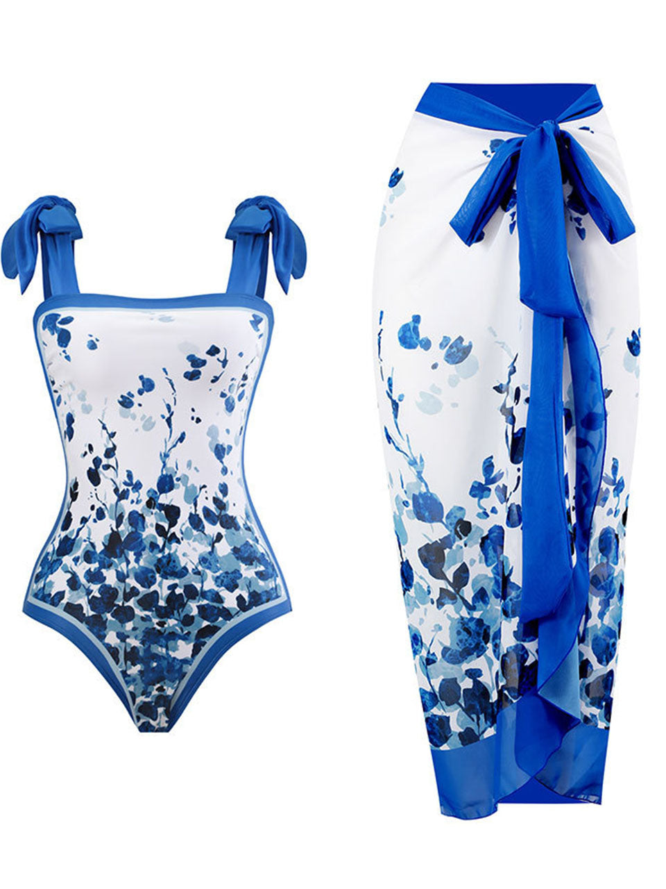 Blue Floral Print Flower Strap One Piece