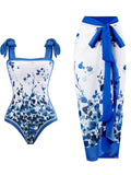 Blue Floral Print Flower Strap One Piece