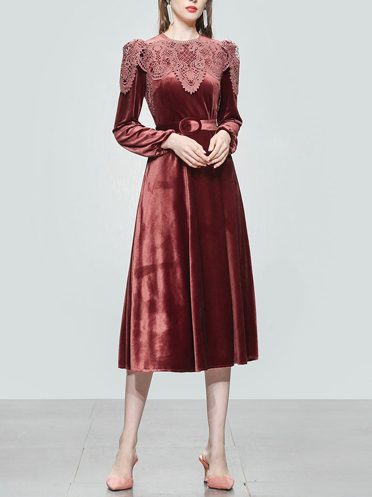 Red Crew Neck Velvet Puff Sleeve 1950S Vintage Dress