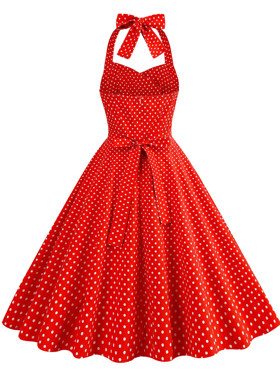Red Polka Dots Vintage Halter Strap Backless 1950S Vintage Dress