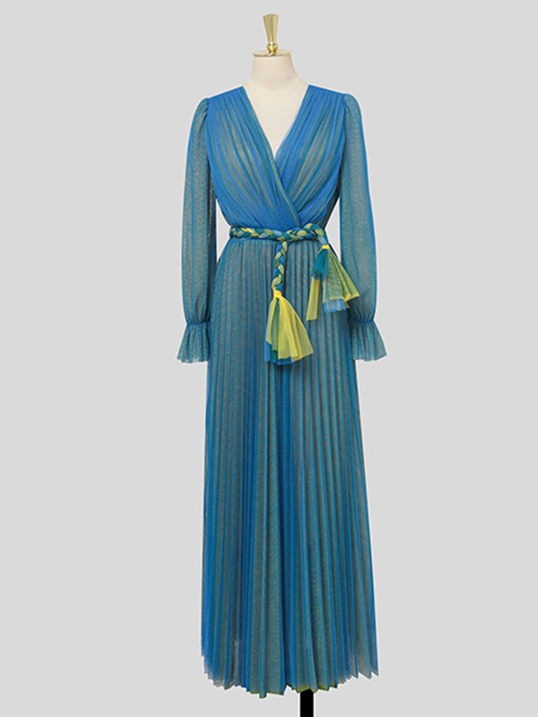Blue V Neck Lantern Sleeve Pleated Fairy Dress