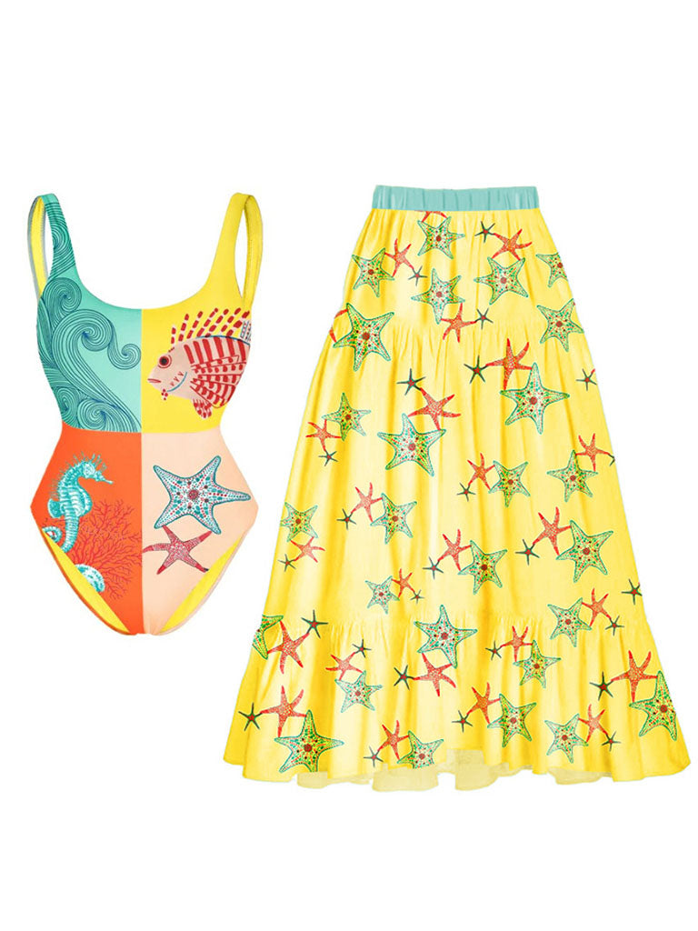 2PS Starfish Print One Piece
