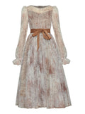 Retro Palace Puffed Sleeves Lace Tulle Print Vintage Swing Dress
