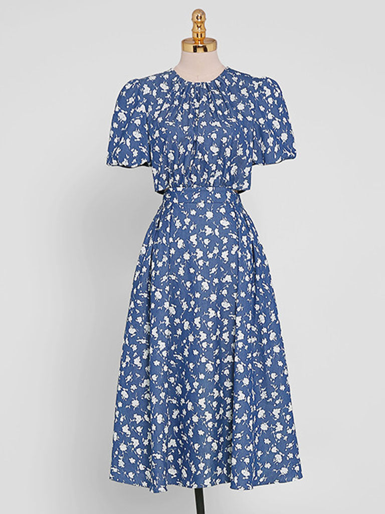 Lake Blue Floral Print Waist Cut Out Puff Sleeve Summer 1950S Dress