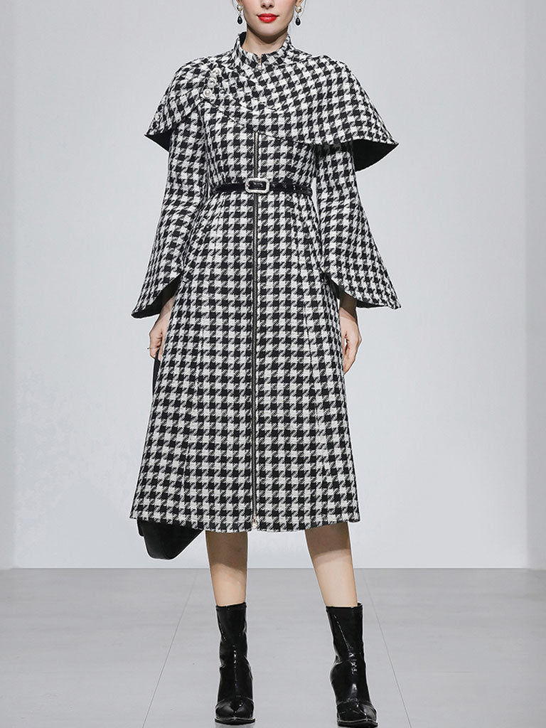 2PS Stand Collar Flared Sleeve  Houndstooth Wool Coat