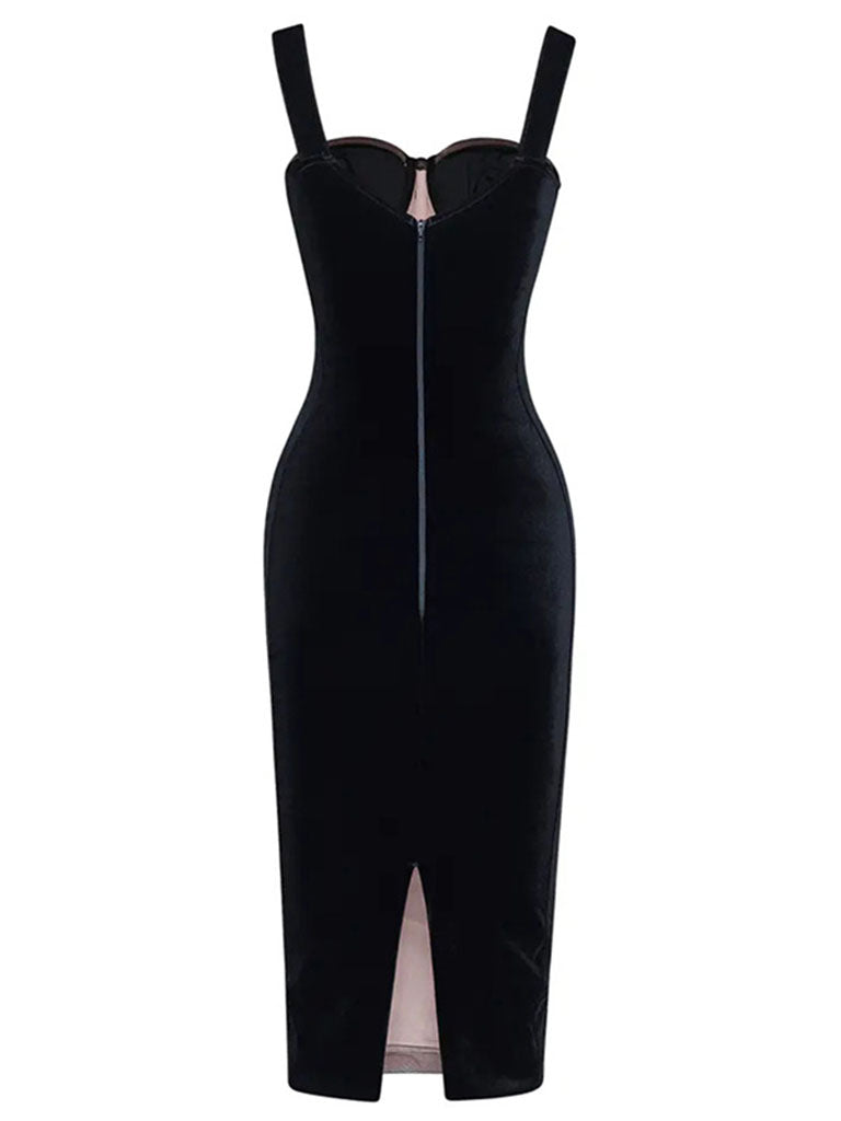 Wine Red Mesh Strap Corset Velvet Bodycon Dress Gown Party Dress