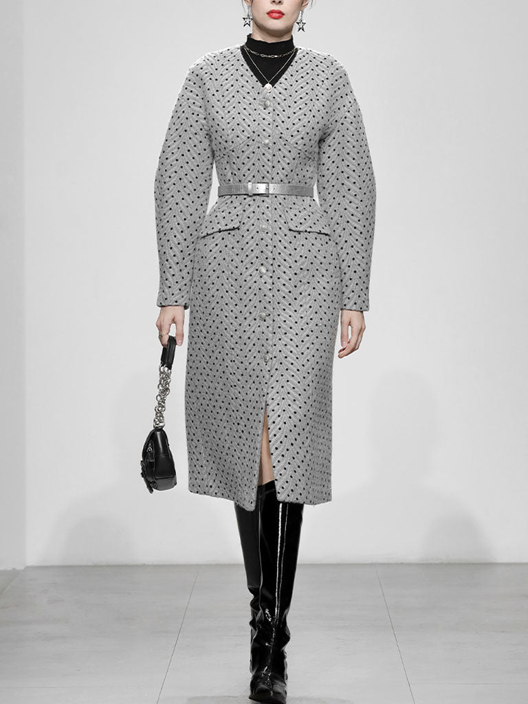 Light Grey V Neck Polka Dot Woolen Coat