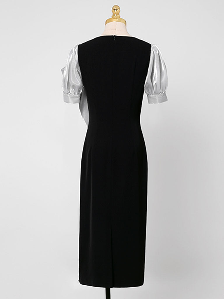 Black Big Sweet Bow Vintage Square Collar Puffed Sleeve 1960S Dress