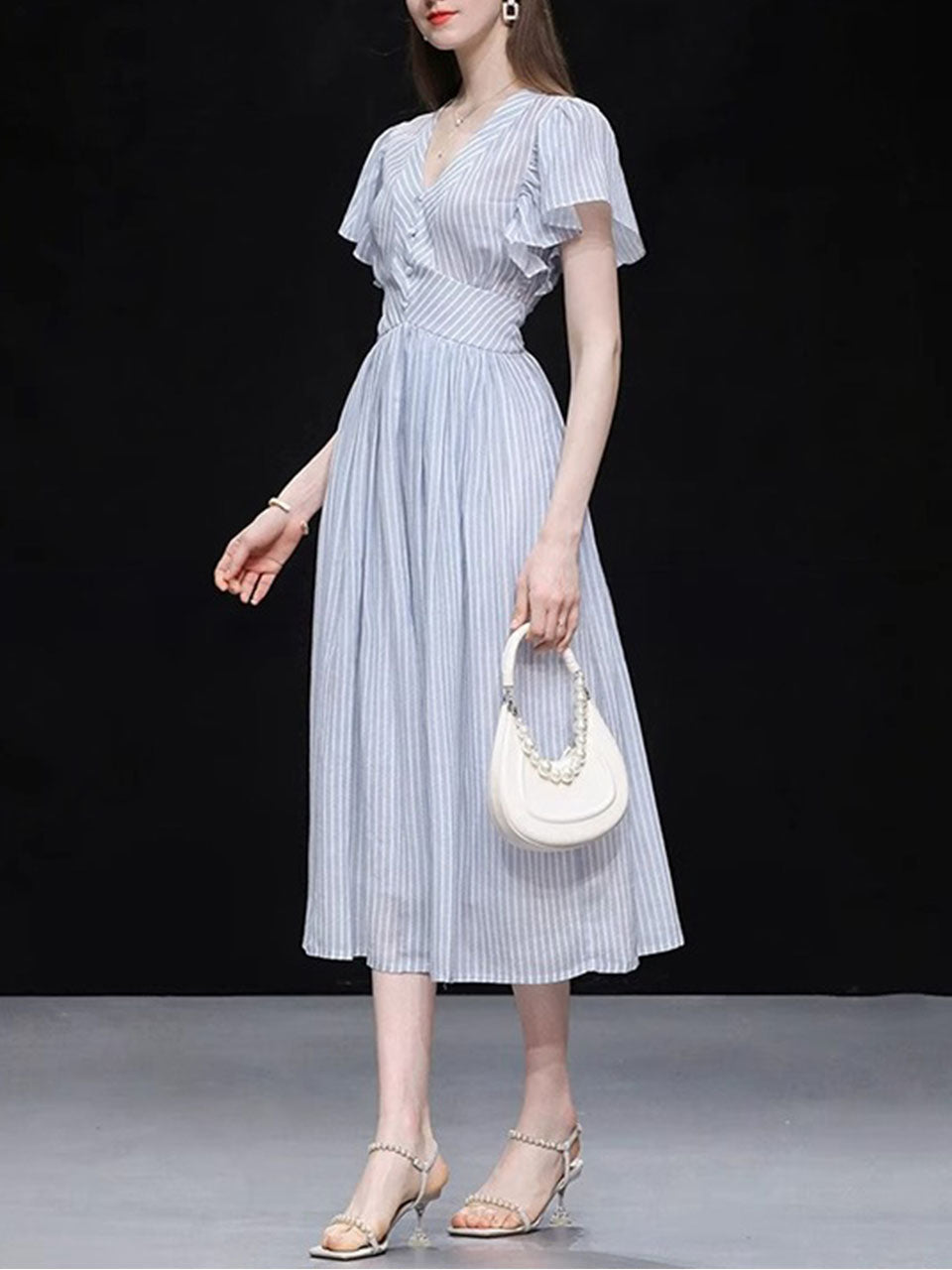 Light Blue Striped V Neck 1950S Vintage Dress