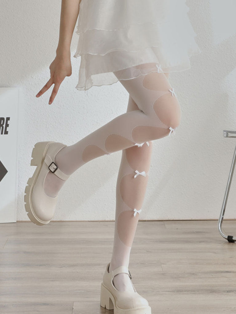 Solid Color White Lace Bow Sheer Thigh High Stockings