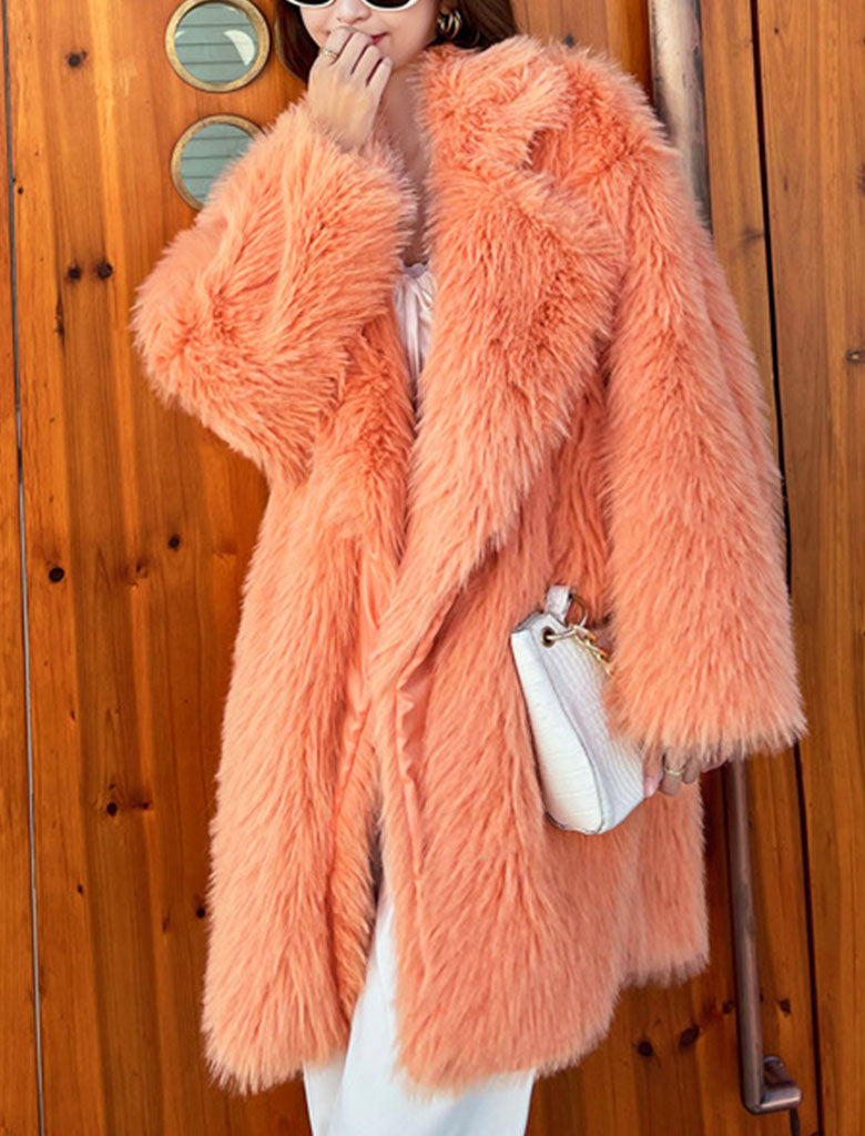 Orange Faux Fur Long Sleeve Lambswool Coat Winter Coat