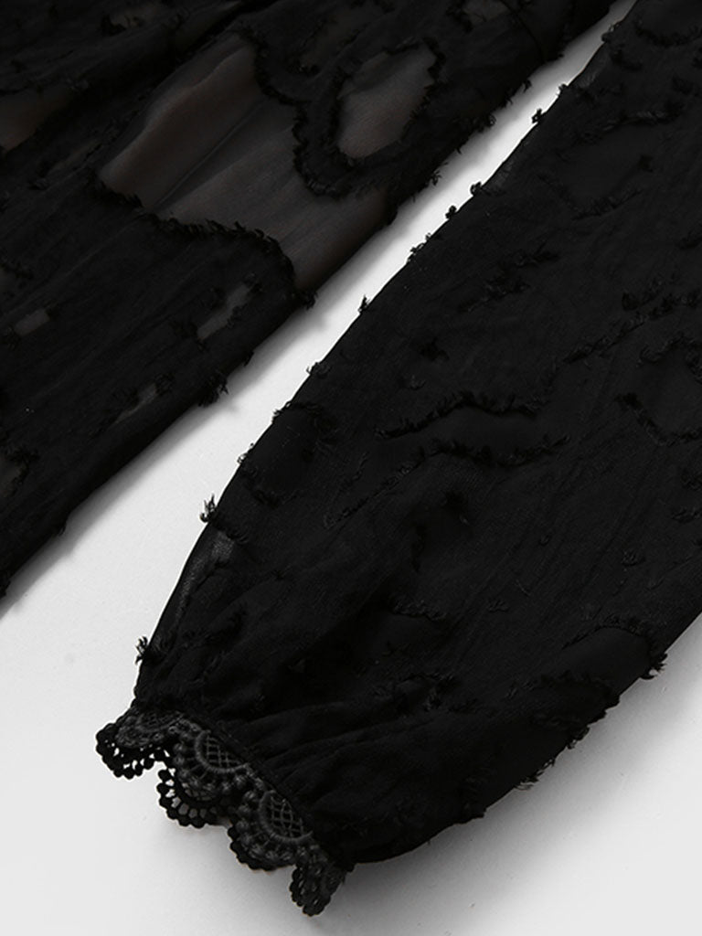 Black Semi Sheer Lace Long Sleeve 1950S Vintage Dress