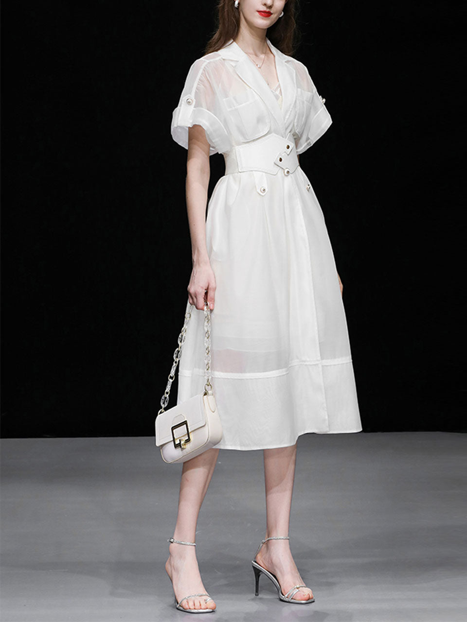 White Lapel Trench 1950S Vintage Organza Dress