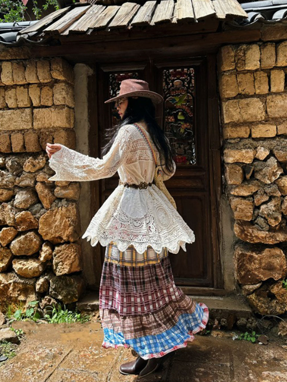 Bohemian Lace Dress and Print Skirt Boho Maxi Dress Outfit