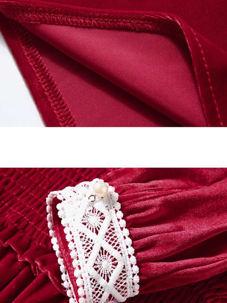 Vinatge Red Lace Long Sleeve Swing Velvet Dress