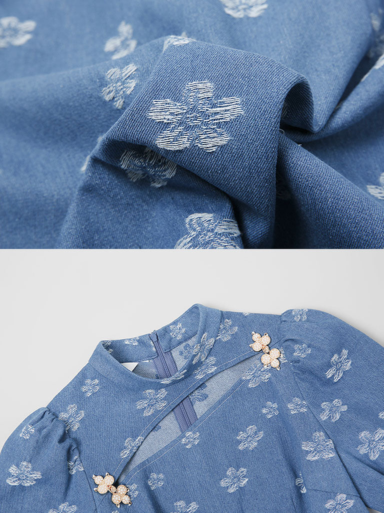 Retro Cheongsam Stand Collar Hollow Puff Sleeves Denim Printed Mini Dress