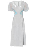 Baby Blue Sweet Heart Collar Puff Sleeve Pearl 50S Vintage Swing Dress
