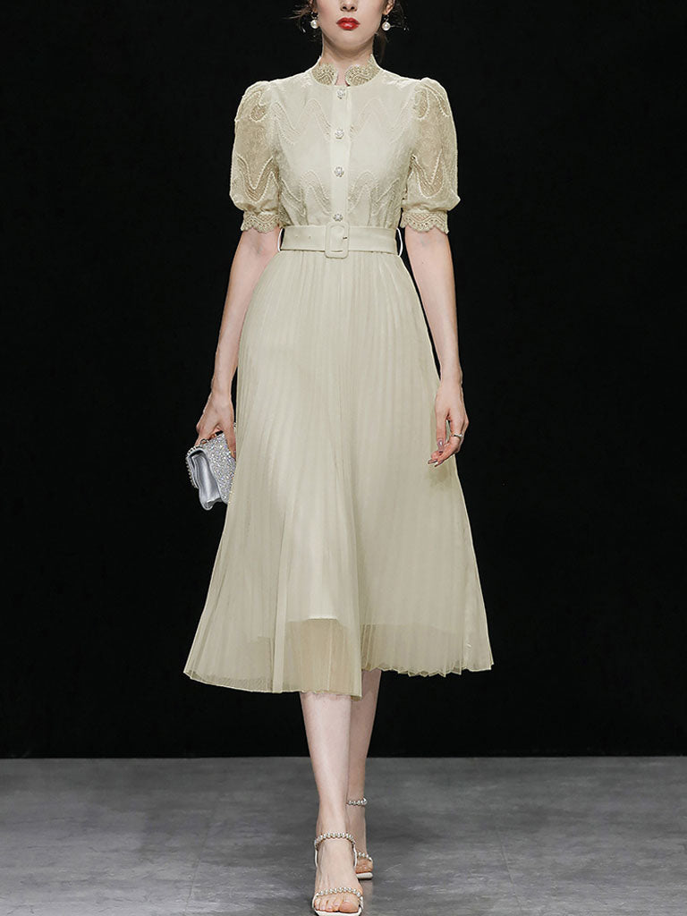 Apricot Stand Collar Puff Sleeve Mesh Pleated Dress