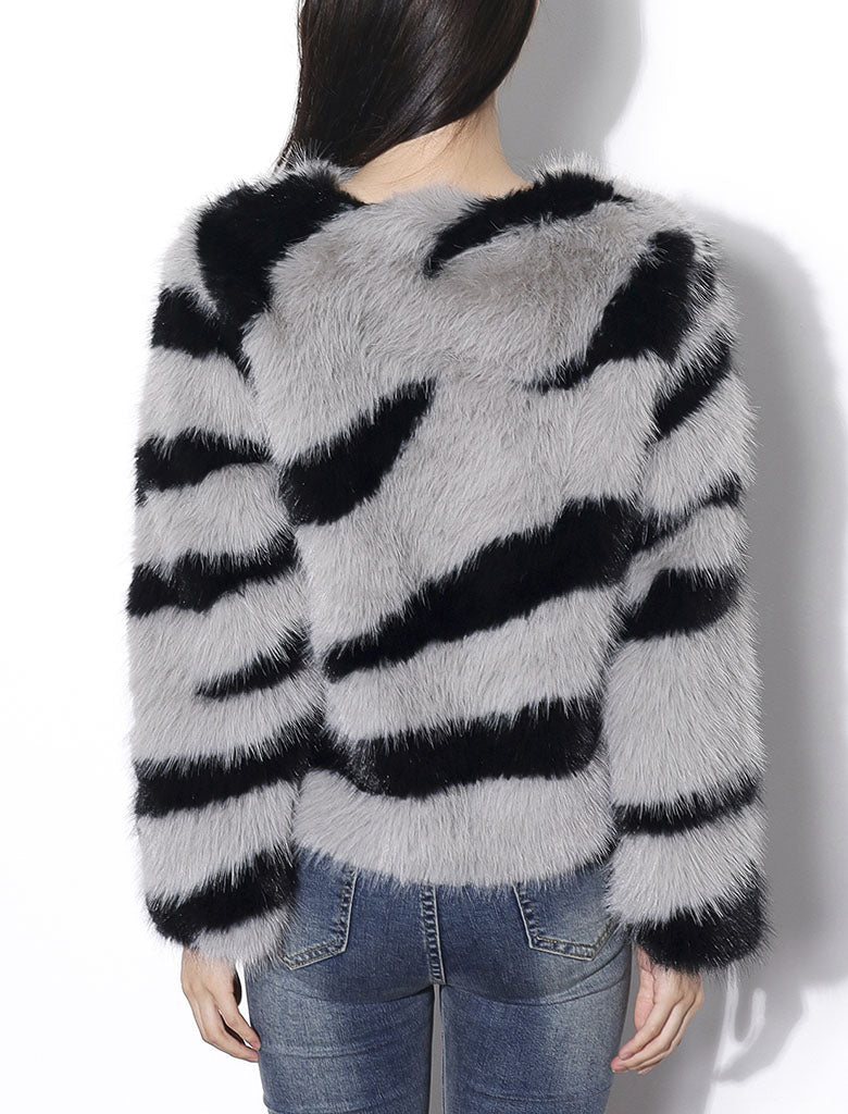 Black and White Zebra Stripes Faux Fur Long Sleeve Coat Winter Coat