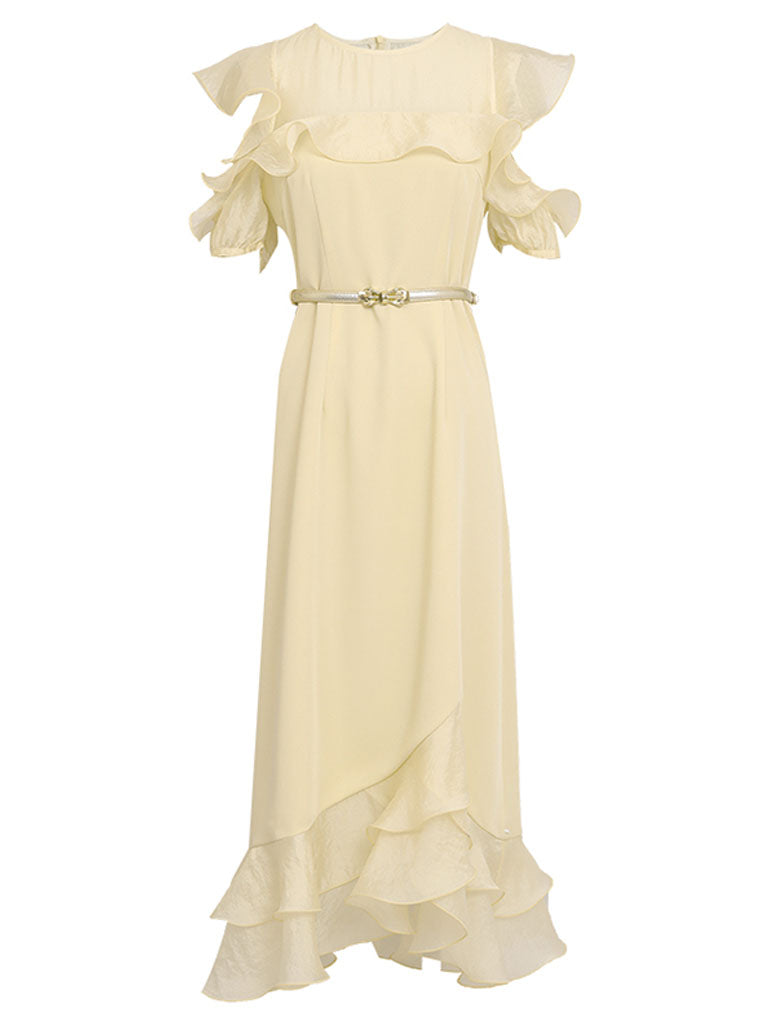 Yellow Organza Semi-Sheer  Ruffled Hem Vintage Dress