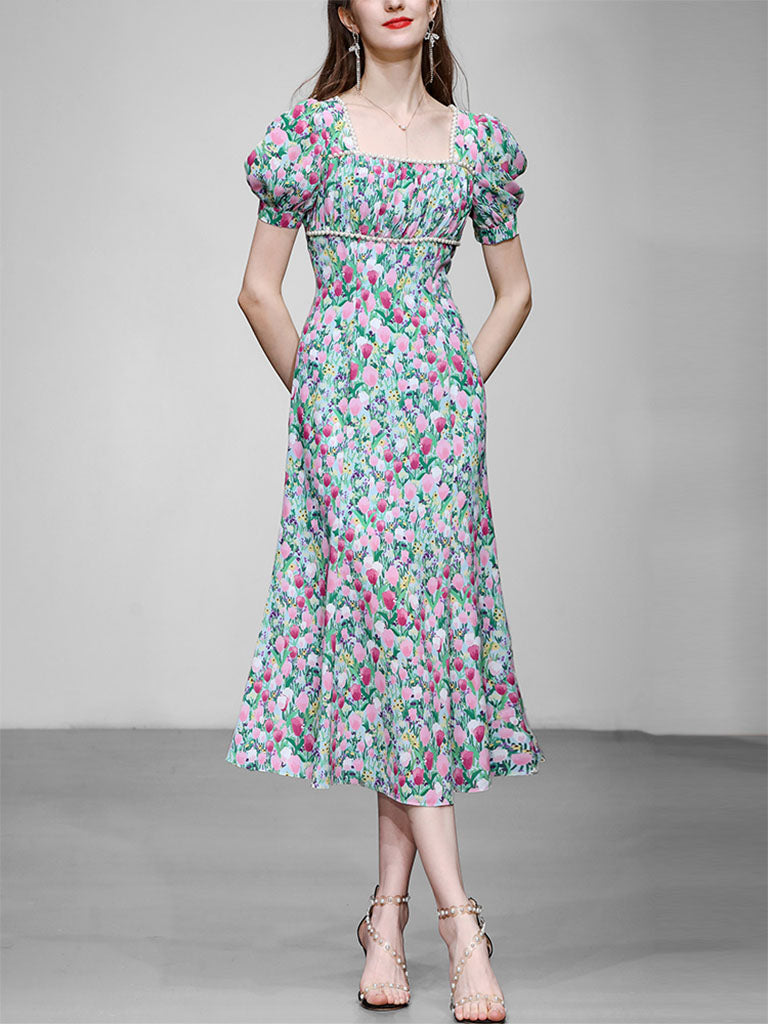 Blue Tulip Print Pearl 1950S Vintage Dress