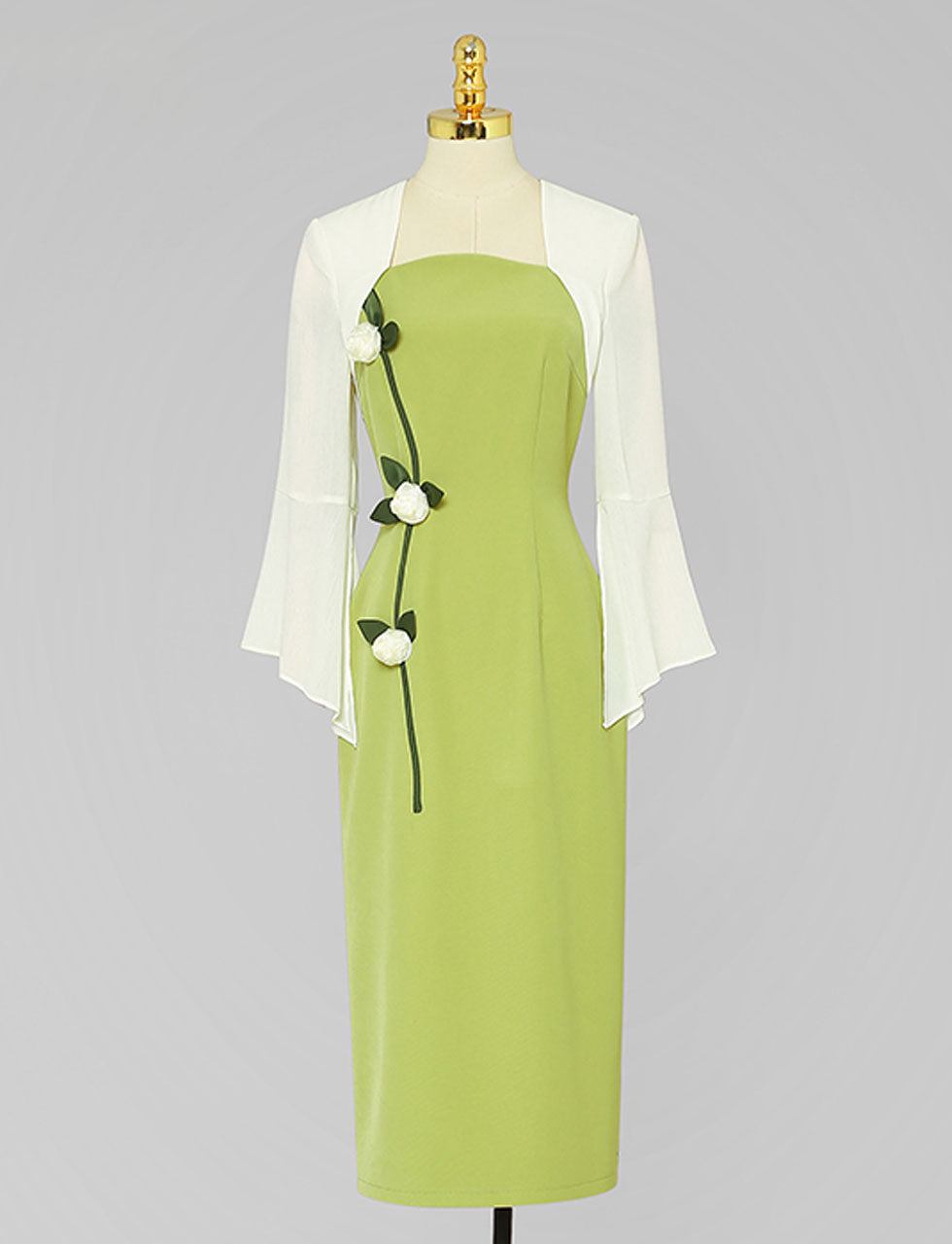 Green Square Collar Cape Sleeve Flower 1940S Vintage Dress
