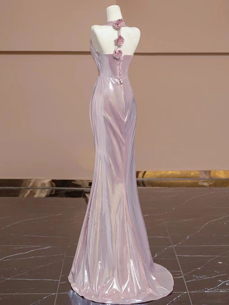 Pink Pleated V Neck Retro Fishtail Dress