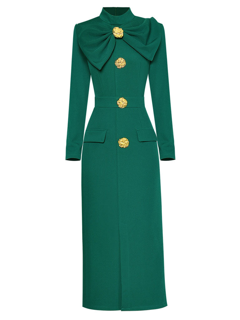 Green Bow Collar Long Sleeve 1940S Bodycon Vintage Dress