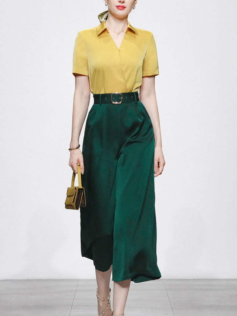 2PS Yellow Elegant V-neck Short Sleeve Shirt