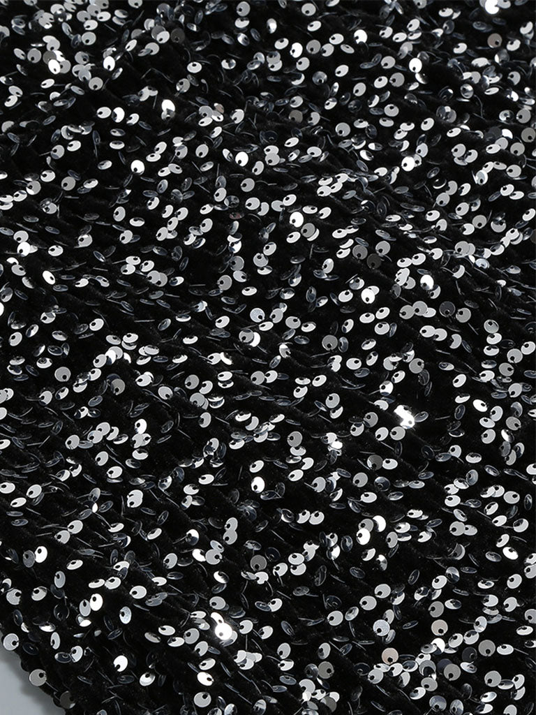 Black Sweet Feather Hem Sequin Long Sleeve Bodycon Gown Party Dress
