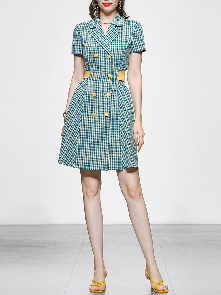 Blue Plaid Short Sleeve Waist Back Waist Hollow Bow Dress