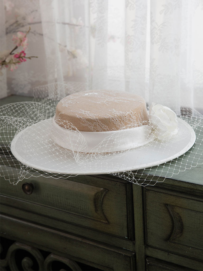 Vintage Lace Flower Hepburn Hat Boater Hat