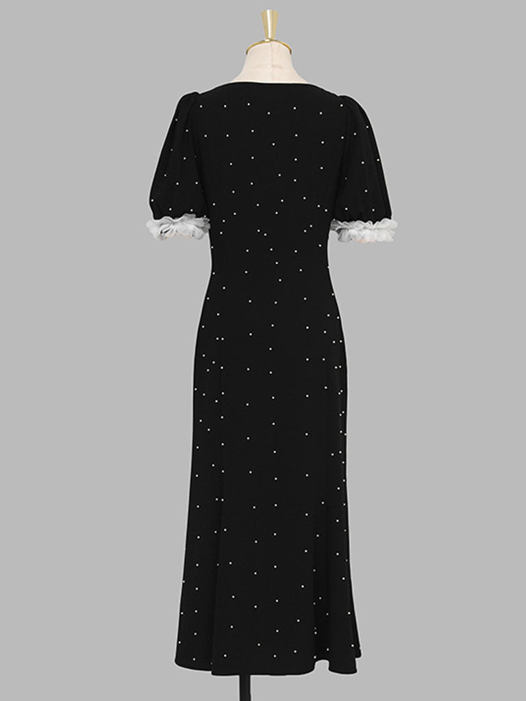 White Lace Square Neck Puff Sleeve Vintage Pearl Hepburn Style Midi Black Dress