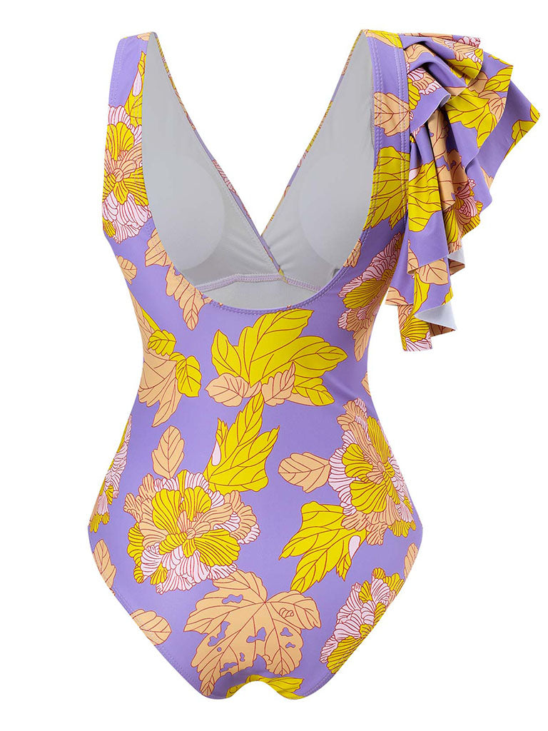 Purple Leaf Print V Neck One Piece