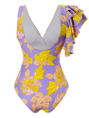 Purple Leaf Print V Neck One Piece
