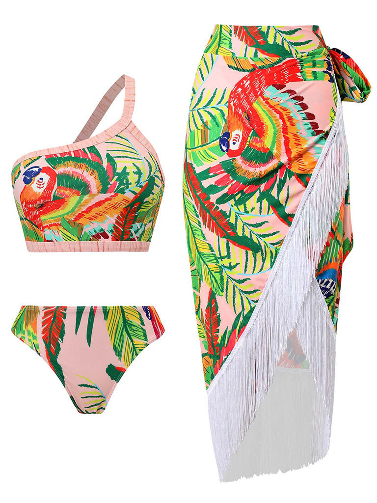 One Shoulder Floral Print Strap Two Pieces