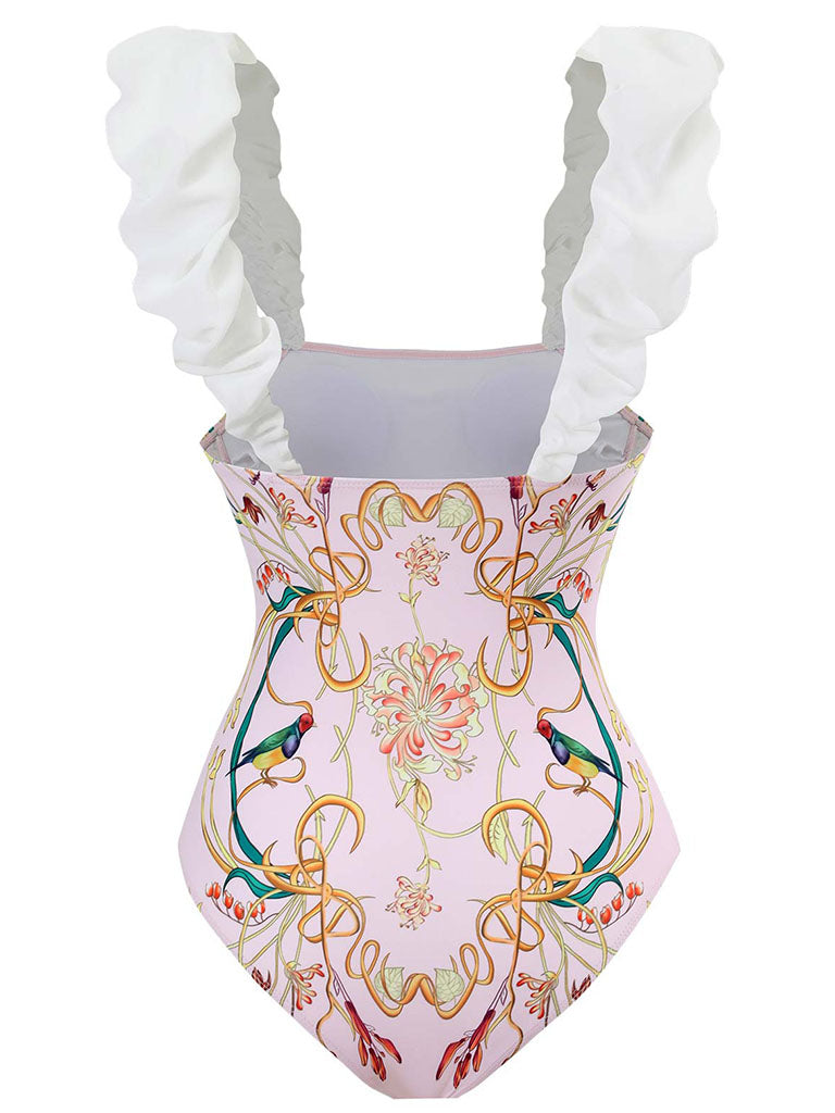 Pink Floral Print Flower Strap One Piece