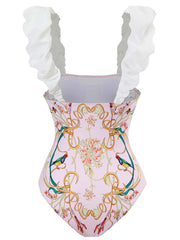 Pink Floral Print Flower Strap One Piece