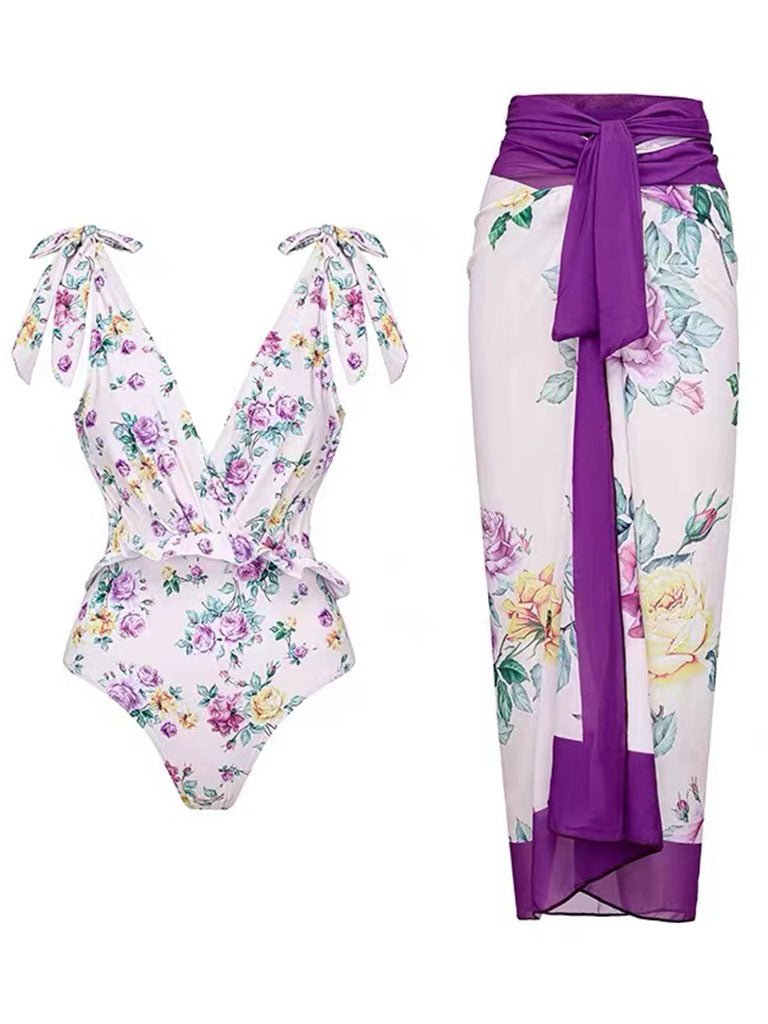 Purple Floral Print Bow Strap One Piece
