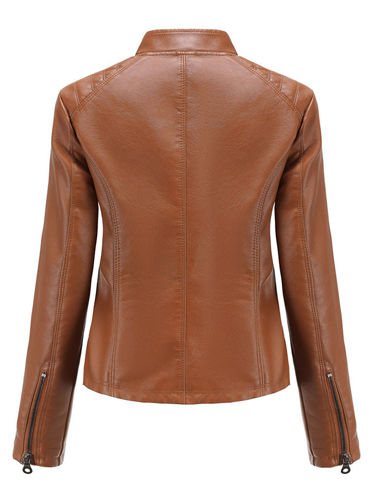 Stand Collar Long Sleeve PU Leather Motorcycle Jacket