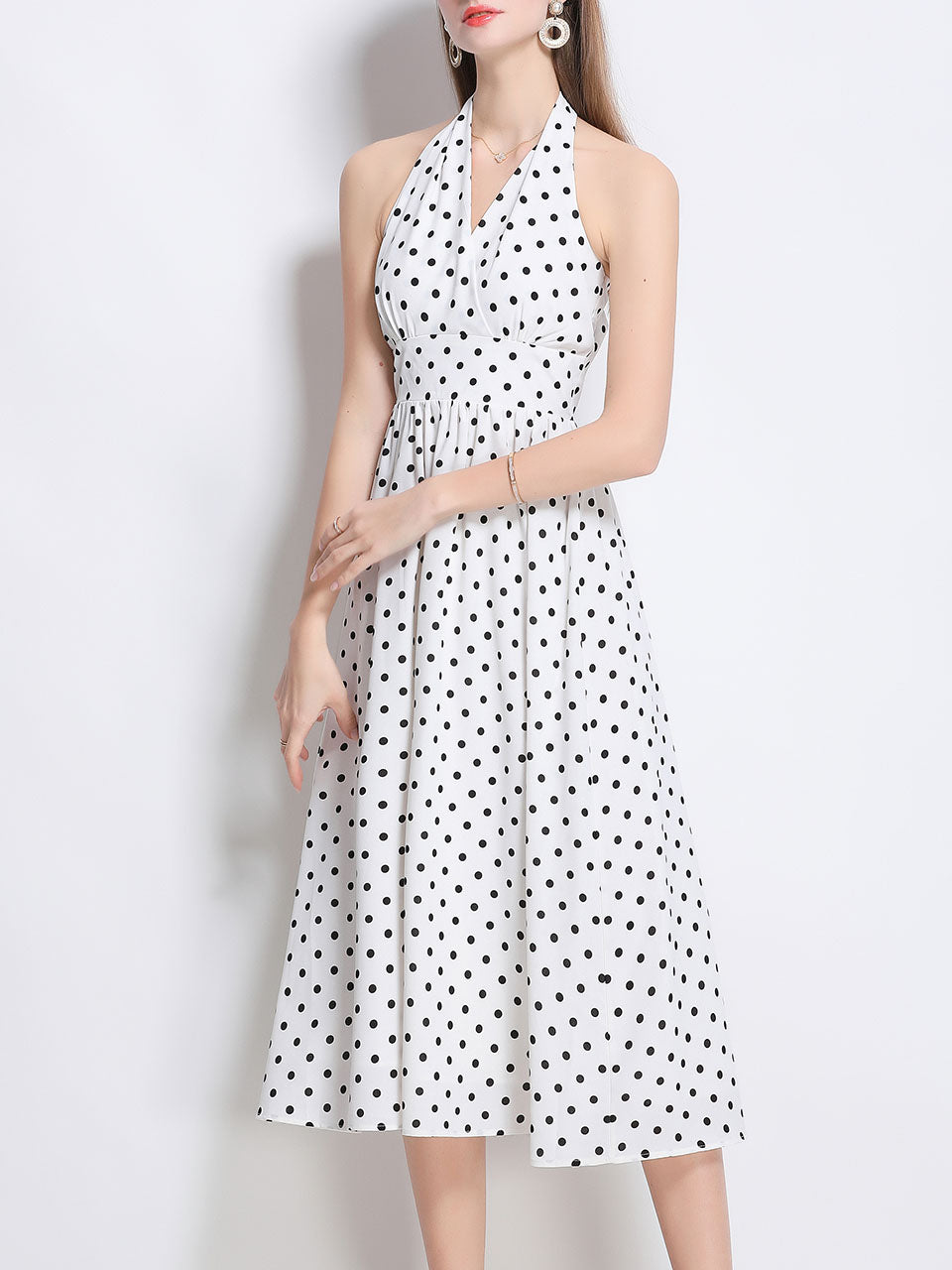 1950S Hepburn Style Outfits Polka Dots Halter Swing Dress