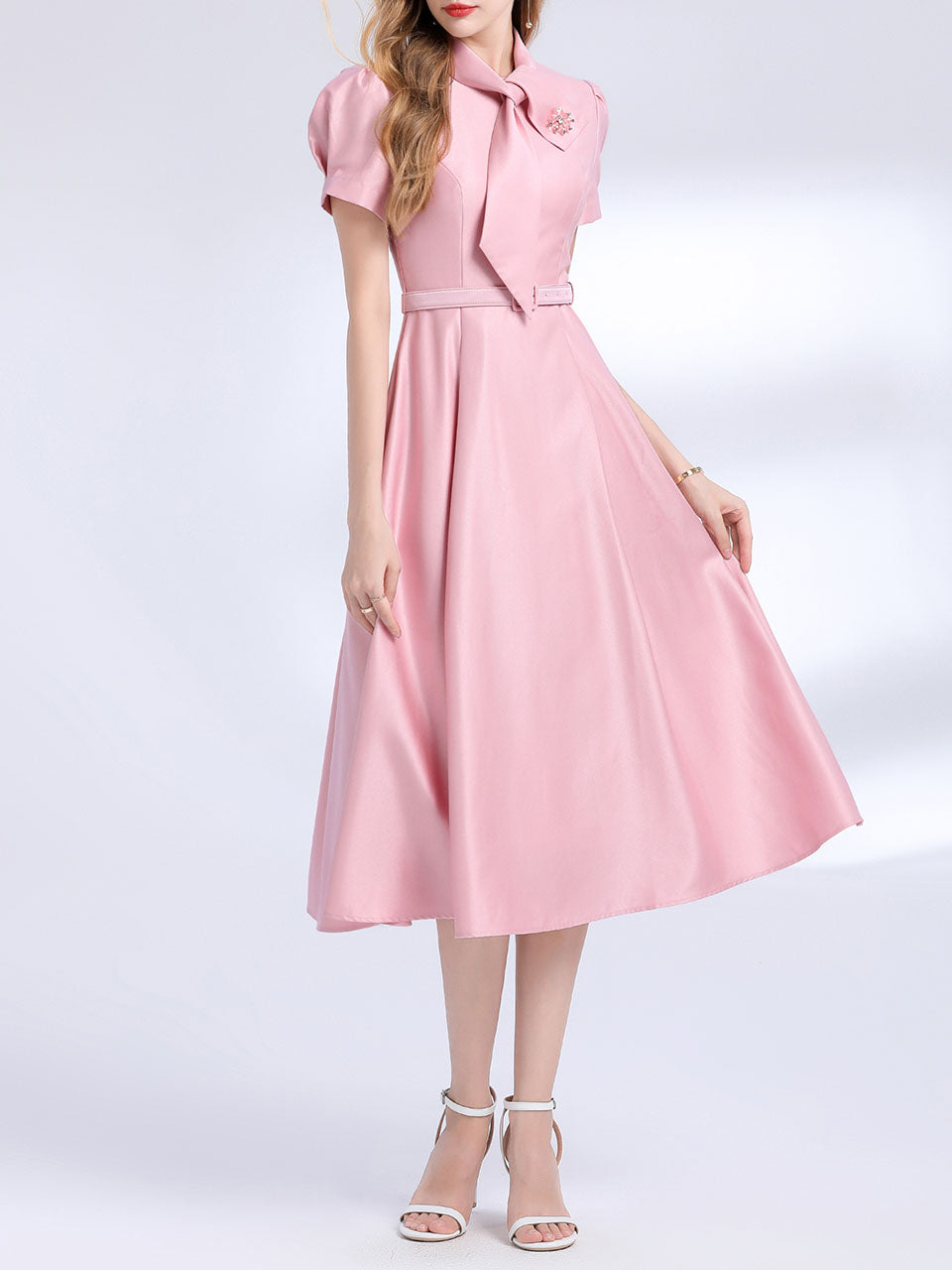 Pink Satin Bowknot Short Sleeve Classic 1950S Vintage Sweet Party Dress