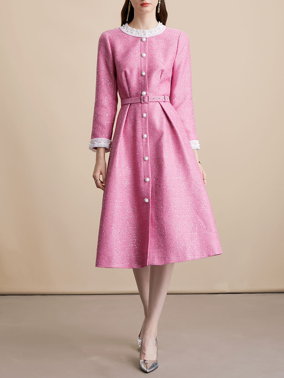 Pink Sequins Long Sleeve Classic 1950S Vintage Dress Coat