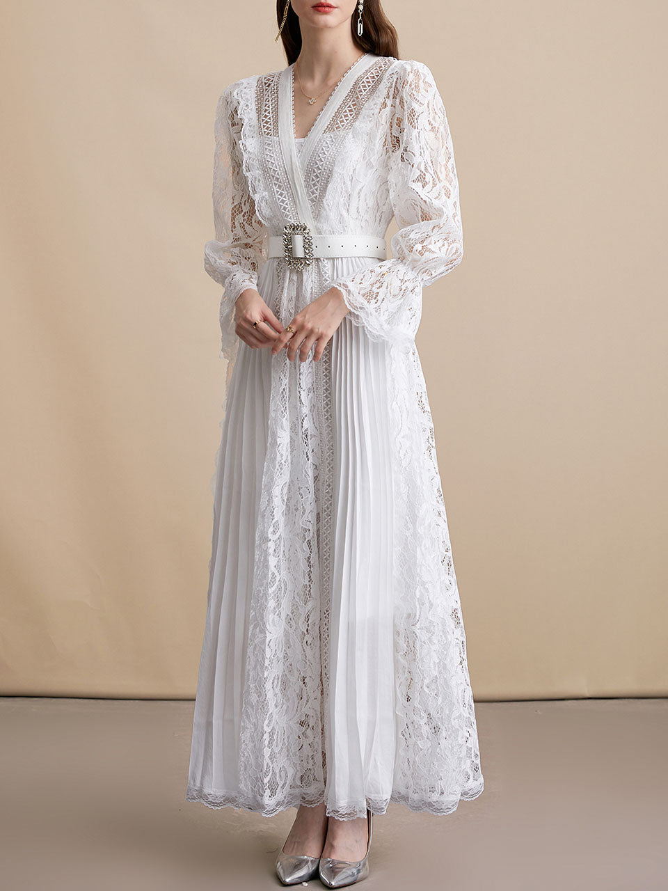 White V Neck Long Sleeve Classic 1950S Vintage Lace Dress