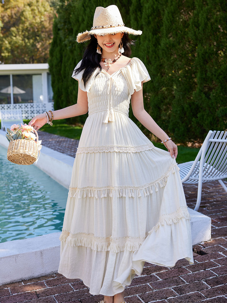 White Bohemian Off The Shoulder Ruffled Tassel High Waist Boho Maxi Dress