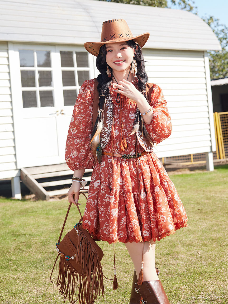 Bohemian Orange Printed Long-sleeved Mini Dress