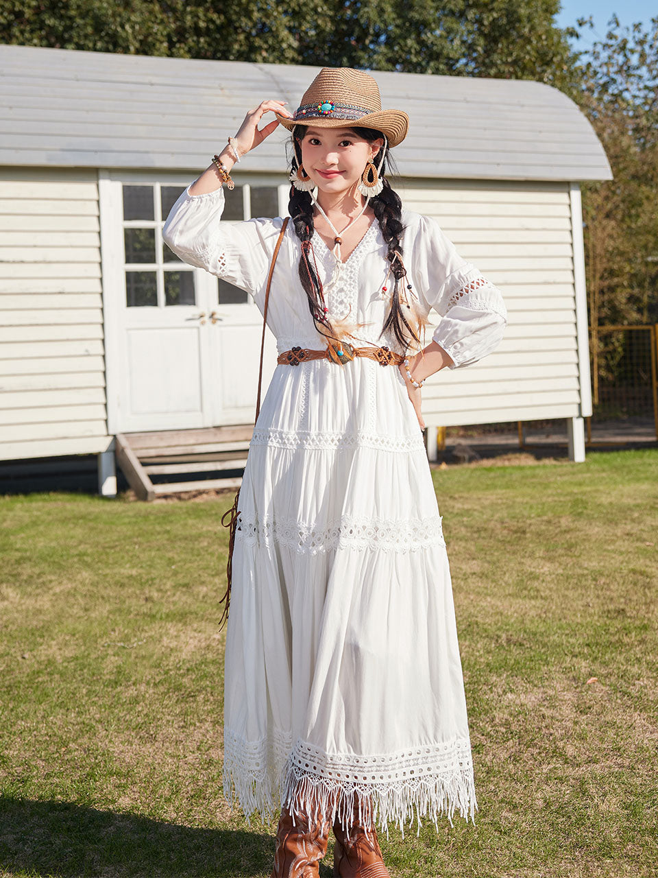 Bohemian White Long-sleeved Cotton Tassel Maxi Dress