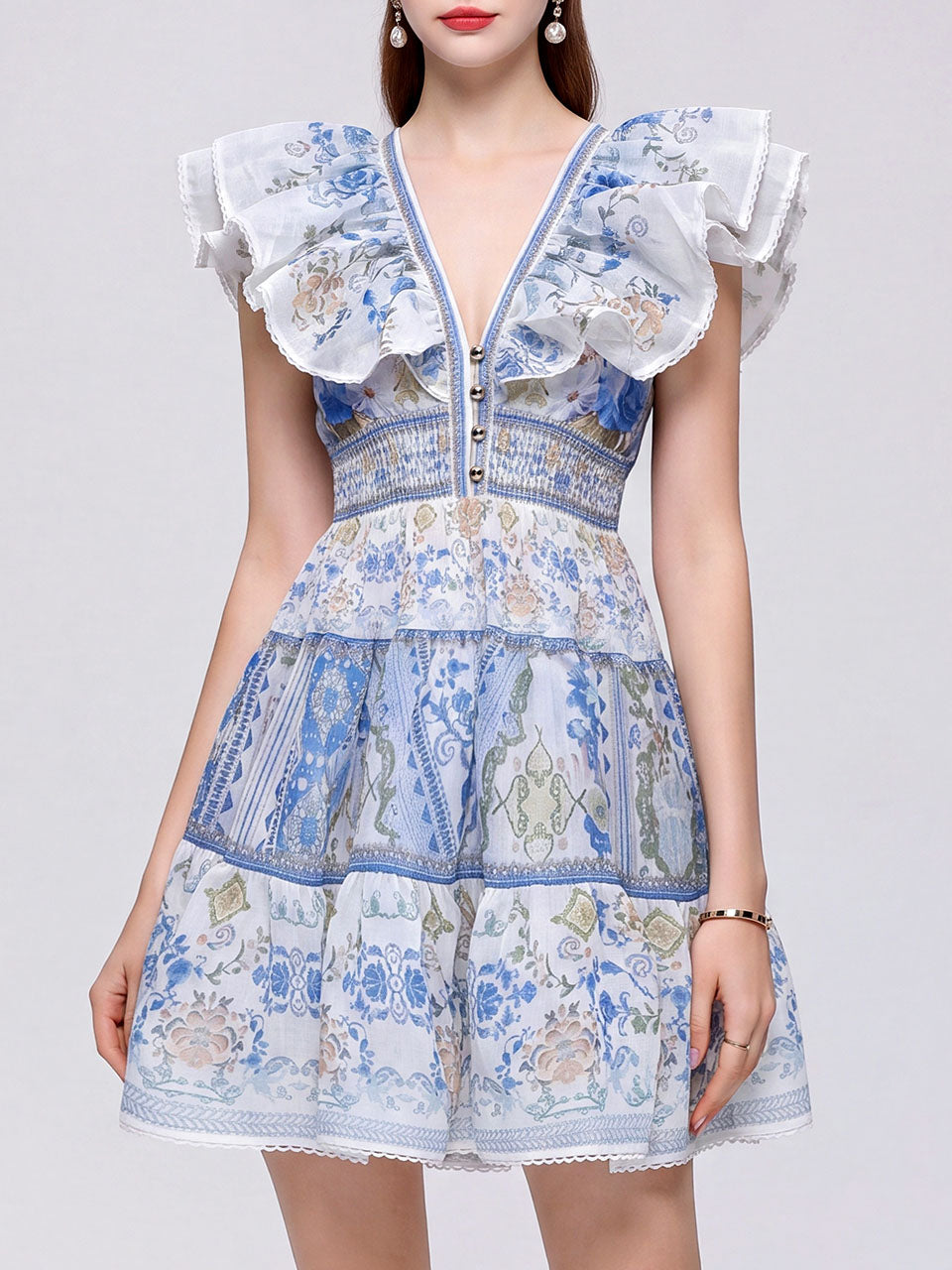 Boho Yellow Floral Printed Chiffon V-Neck Ruffled Summer Beach Mini Dress