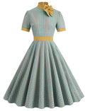 1950s Bow Collar Plaid Vintage Swing Dress