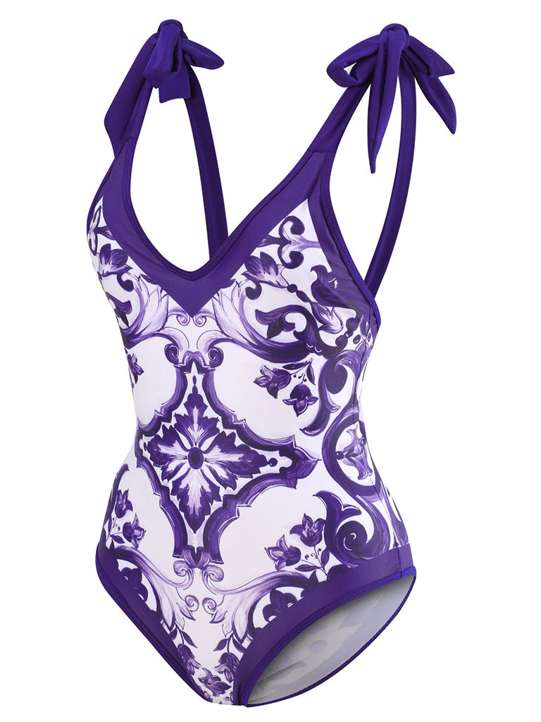 Blue And White Porcelain Retro Style V Neck One Piece